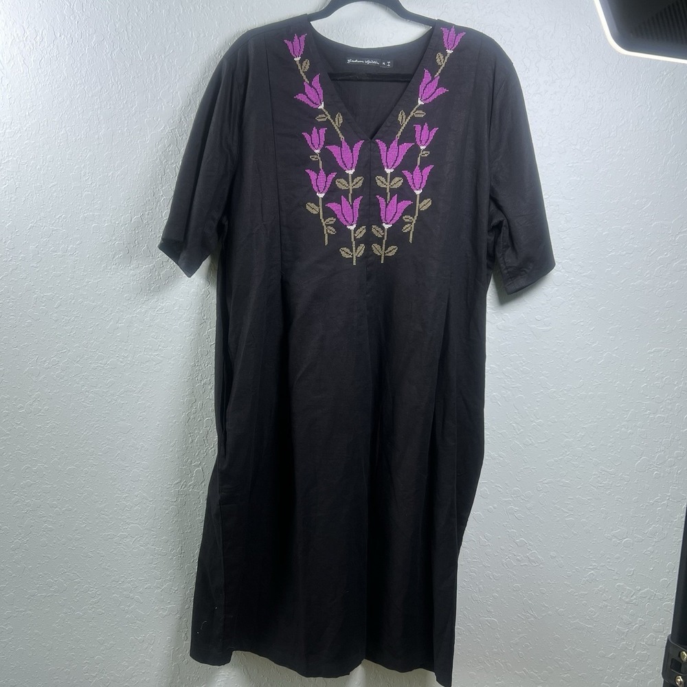 Gudrun Sjoden Embroidered Linen Dress Lagenlook Women XL Tunic Floral Boho Black